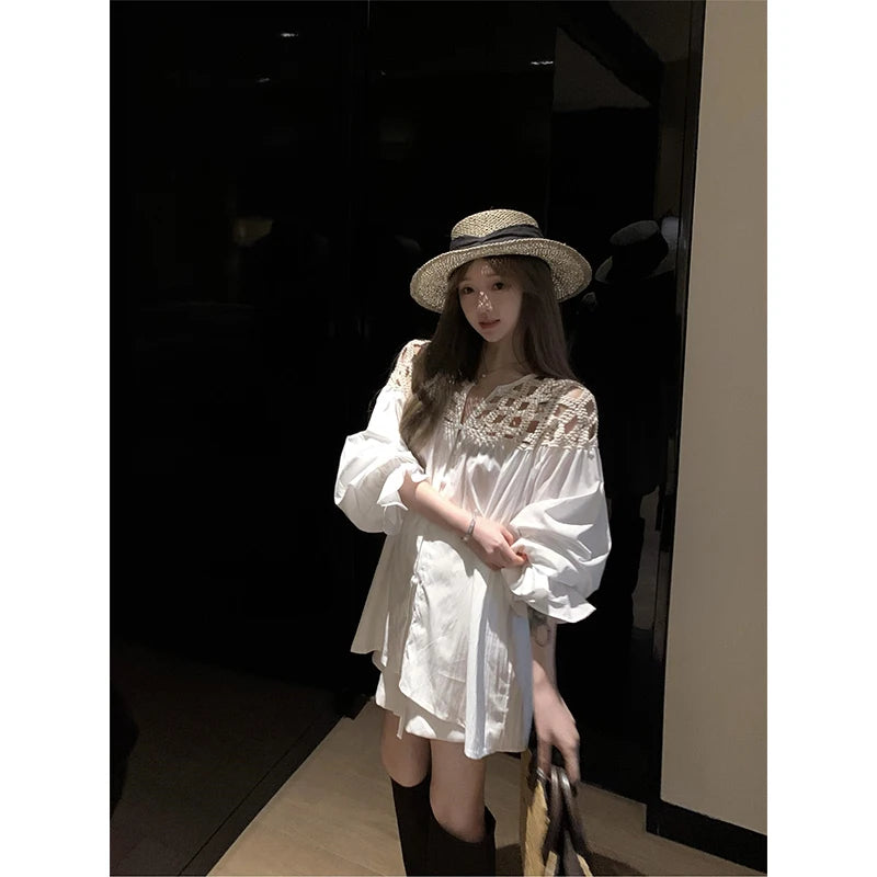 MEXZT Vintage White Shirts Women Streetwear Hollow Out Oversized Blouses Summer Ladies Korean Lantern Long Sleeve Casual Tops