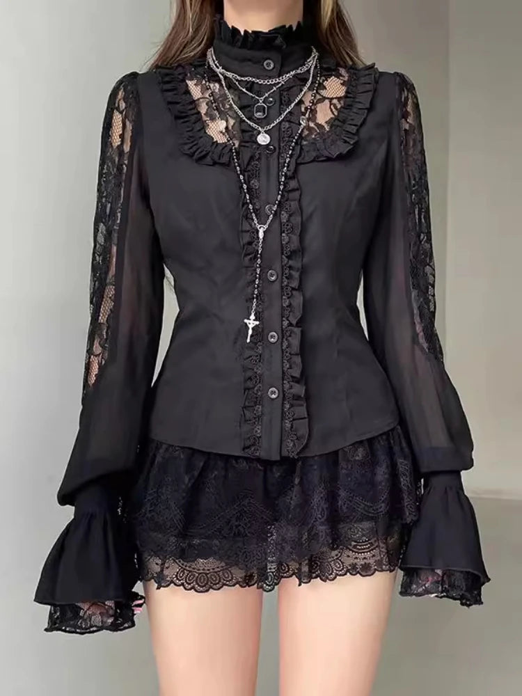 Japanese Lolita Lace Patchwork Shirt Women Y2k Aesthetic Flare Sleeve Blouse 2025 Spring Black Half High Collar JK Blusas Tops
