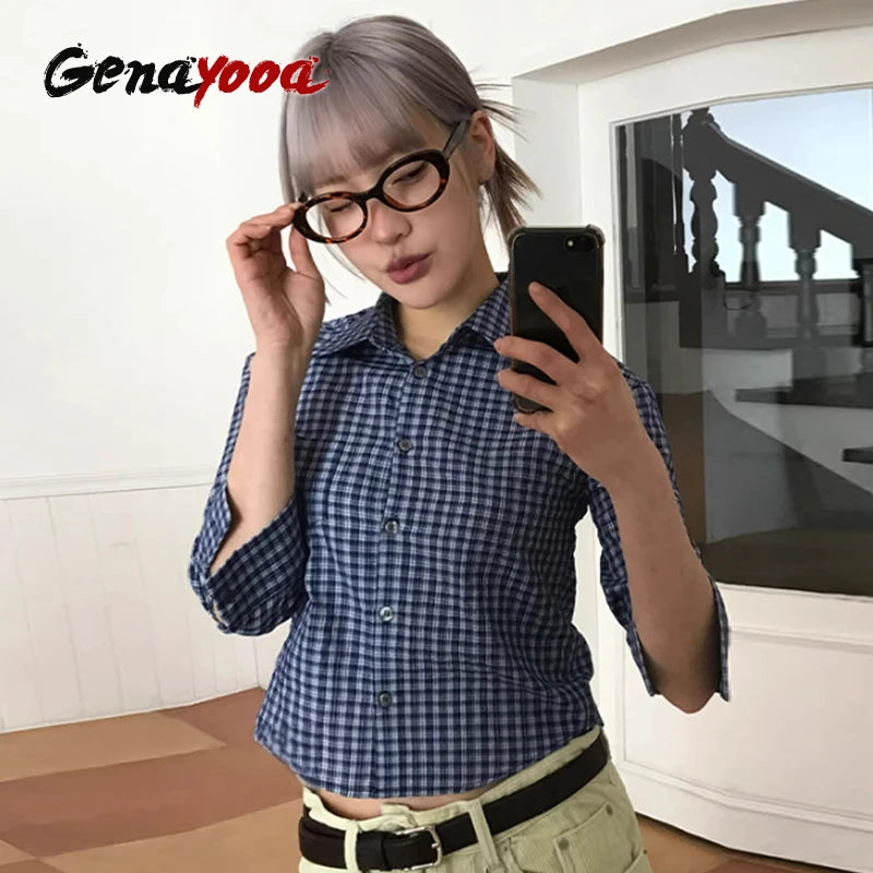 Genayooa Y2k Plaid Shirt Women Three Quarter Casual Shirt Japanese 2000s Grunge Tops Streetwear Summer Shirt Korean Style
