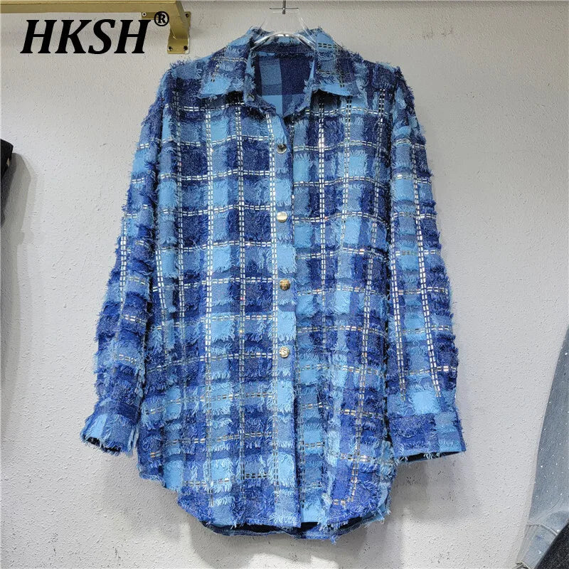 HKSH Spring Summer New Women's Tide Y2K Fashion Streetwear Casual Plaid Diamonds Coat Turn-down Collar Long Sleeved Shirt HK5546