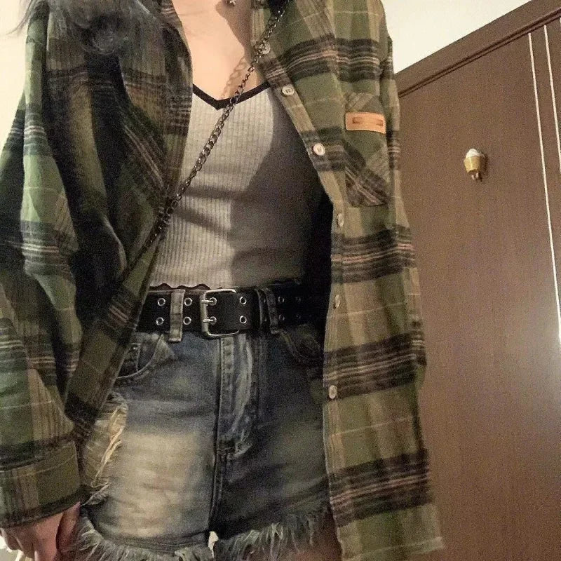 Deeptown Harajuku Green Plaid Shirt Streetwear Women Vintage Long Sleeve Oversize Blouse Korean Fashion Aesthetic Clothes Female