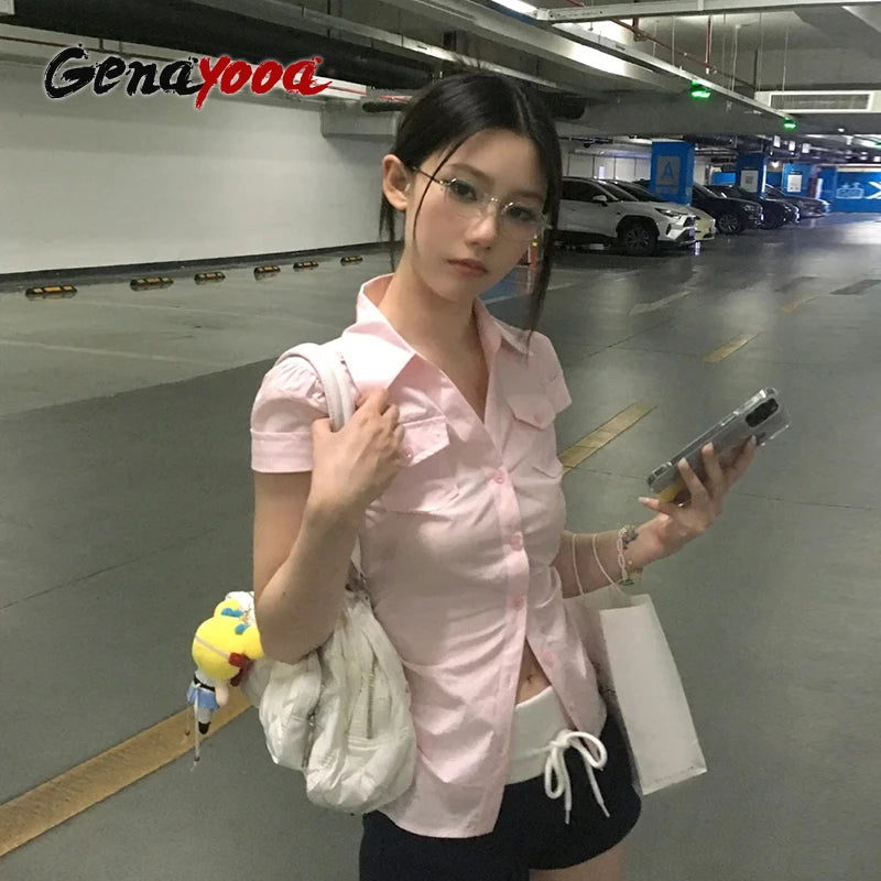 Genayooa Japanese Y2k Shirt Women Short Sleeve Slim Casual Shirt Streetwear Fairycore Tee Tops E-girls Vintage Blouse Korean