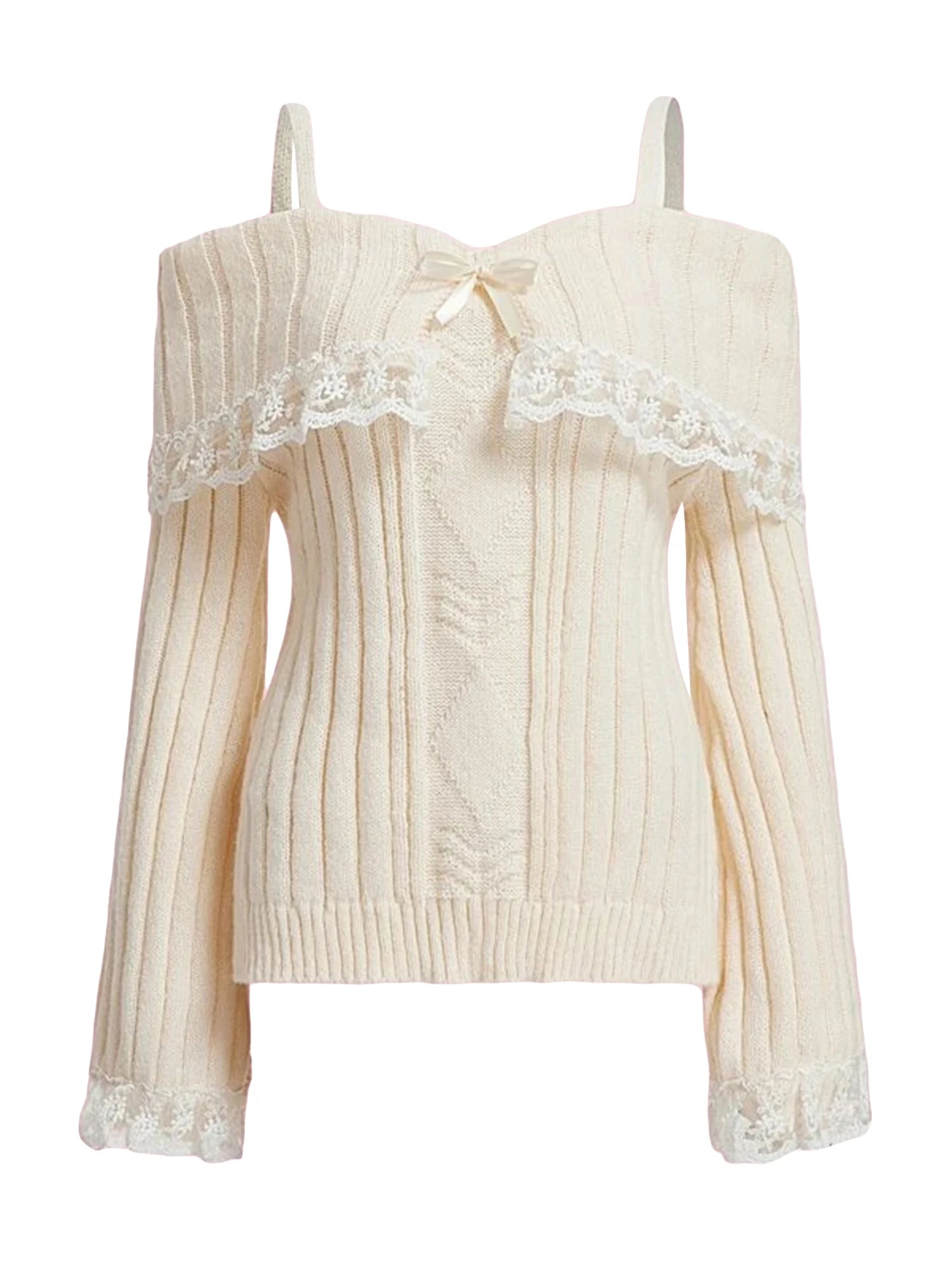 Women's Cold Shoulder Sweaters Long Sleeve Lace Trim Knit Pullovers Bow Front Jumpers Tops Fall Winter Y2K Clothes
