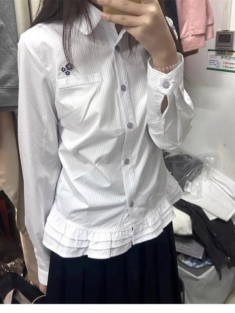 HOUZHOU White Striped Women's Shirt Long Sleeve Floral Embroidery Korean Fashion Blouses Ruffles Loose Preppy JK Spring New