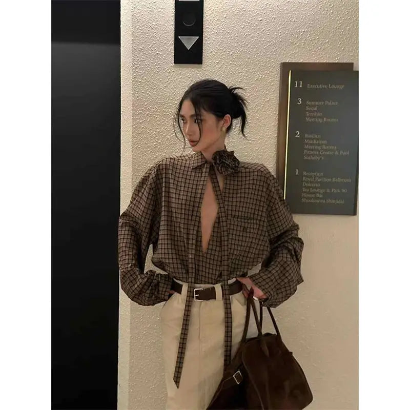 MEXZT Y2K Hollow Out Plaid Shirts Women Vintage Streetwear 3D Floral Lace Up Blouses Harajuku Long Sleeve Loose Design Tops New