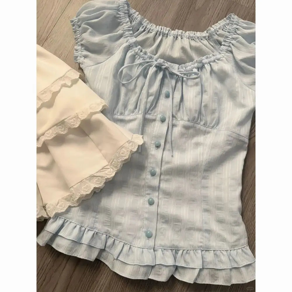 Sweet Fresh French Puff Short-sleeved Ruffled Shirts Women's Summer High-end Waist Slimming Temperament Single Breasted Blouse