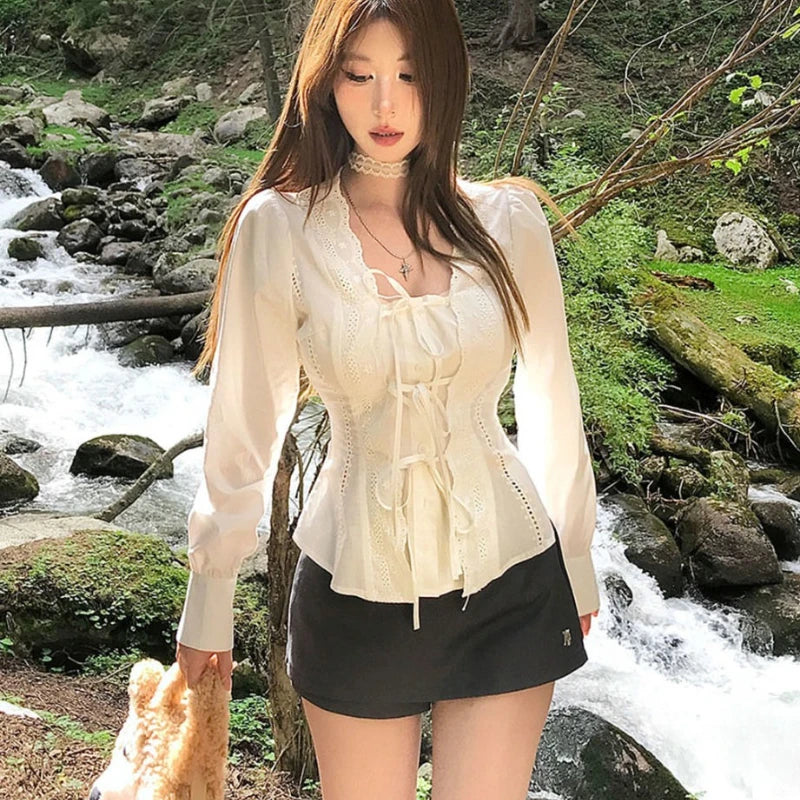 Deeptown Elegant Sweet White Blouses Women Coquette Fashion Lace Up Ruffle Shirts Vintage Korean Style Kawaii Shirts Aesthetics