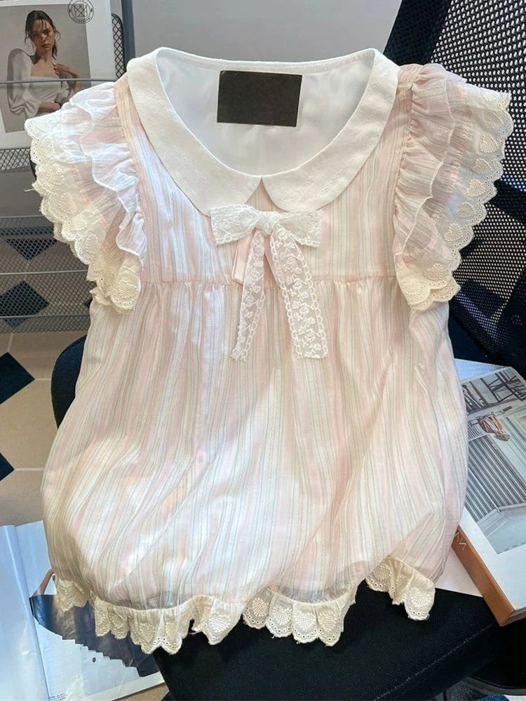 Zoki Women Cute Striped Shirt Vintage Sweet Lace Bow Flying Sleeve Kawaii Blouse Casual Summer Peter Pan Collar Lady Design Tops