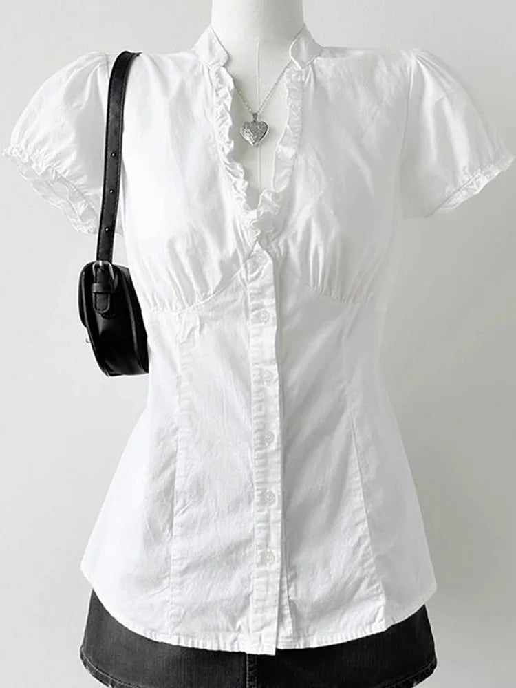 Jmpr Slim V Neck Sweet White Blouse Women Elegant Fashion Korean Short Sleeve Shirt Summer Simple Ruffles Lady Preppy Style Tops